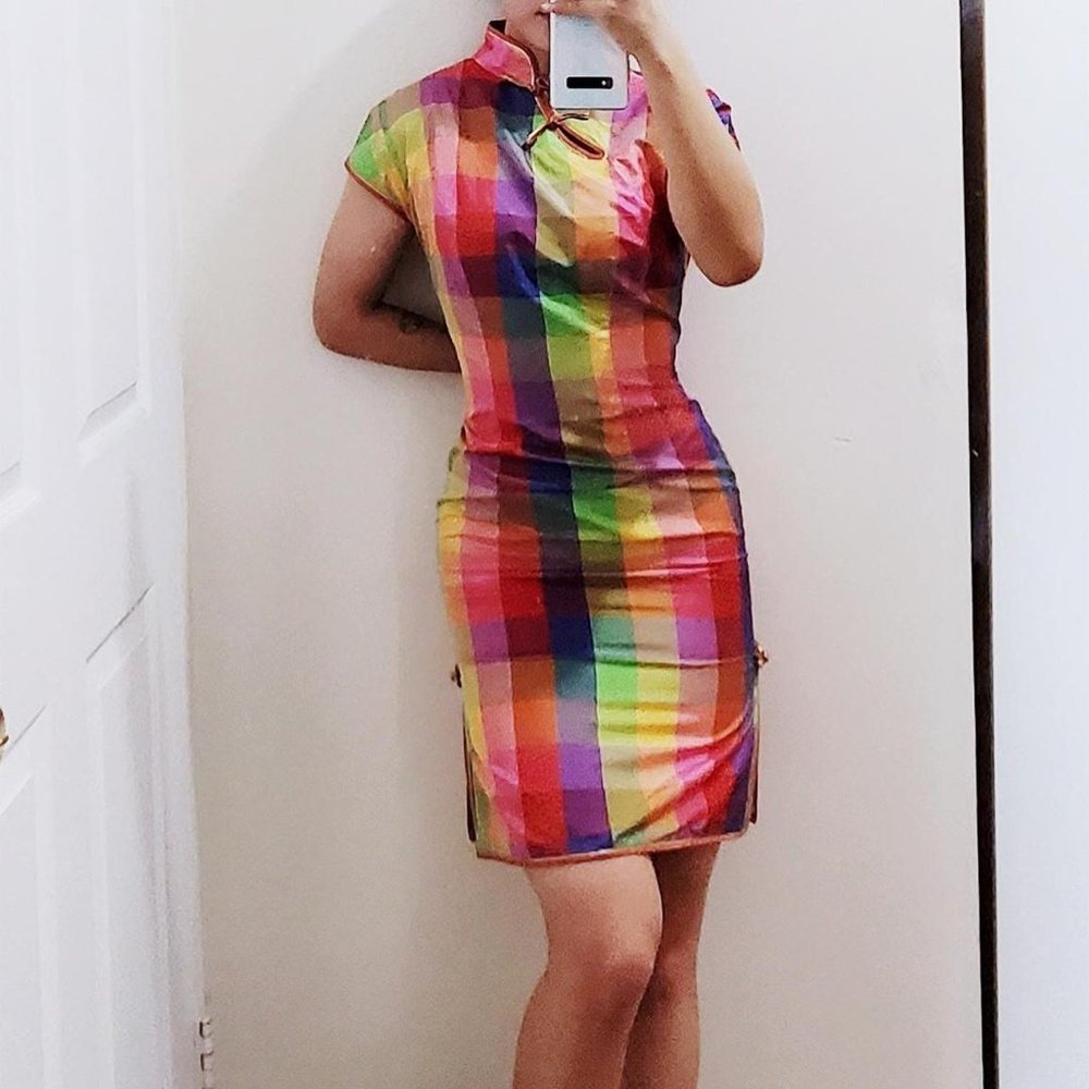 rainbow square gingham traditional Chinese retro bodycon Cheongsam Qipao dress